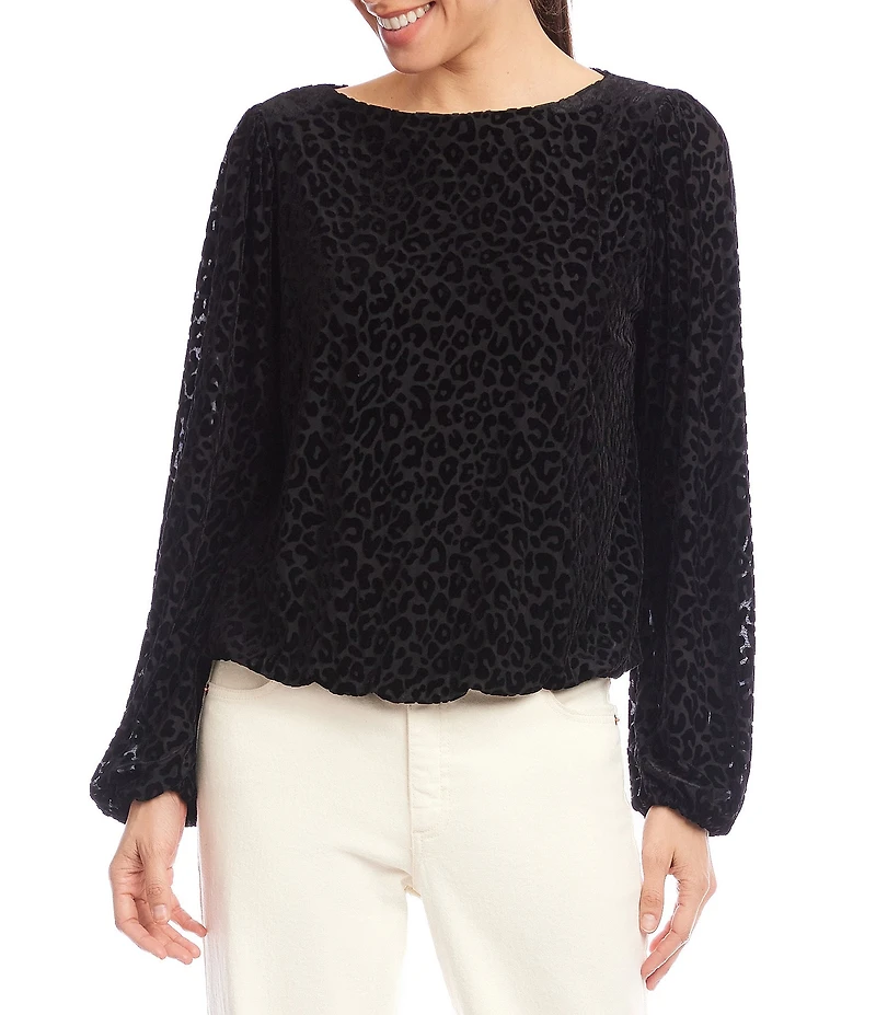 Karen Kane Petite Size Leopard Velvet Burnout Boat Neck Blouson Sleeve Top