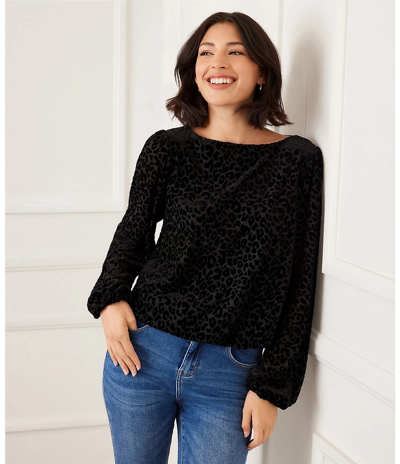 Karen Kane Petite Size Leopard Velvet Burnout Boat Neck Blouson Sleeve Top