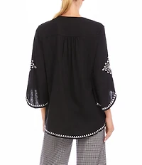 Karen Kane Petite Size Linen Blend 3/4 Flare Sleeves Embroidered Asymmetrical Top
