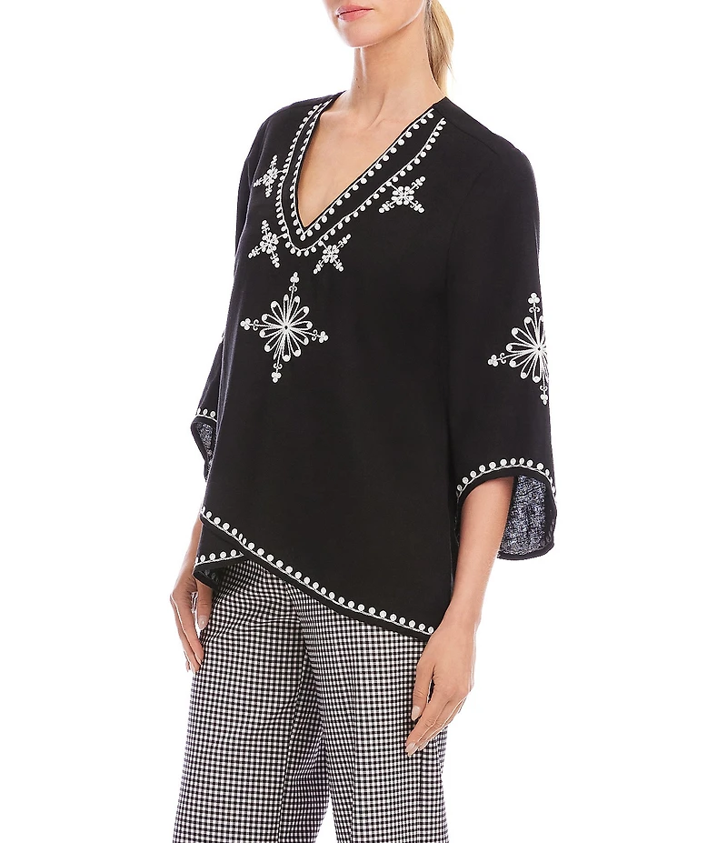 Karen Kane Petite Size Linen Blend 3/4 Flare Sleeves Embroidered Asymmetrical Top