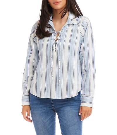 Karen Kane Petite Size Linen-Blend Striped Collared Long Sleeve Lace-Up Top
