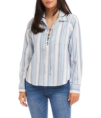 Karen Kane Petite Size Linen-Blend Striped Collared Long Sleeve Lace-Up Top