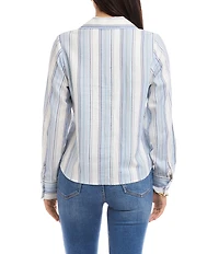 Karen Kane Petite Size Linen-Blend Striped Collared Long Sleeve Lace-Up Top