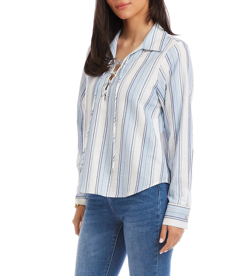 Karen Kane Petite Size Linen-Blend Striped Collared Long Sleeve Lace-Up Top