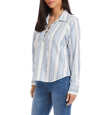 Karen Kane Petite Size Linen-Blend Striped Collared Long Sleeve Lace-Up Top