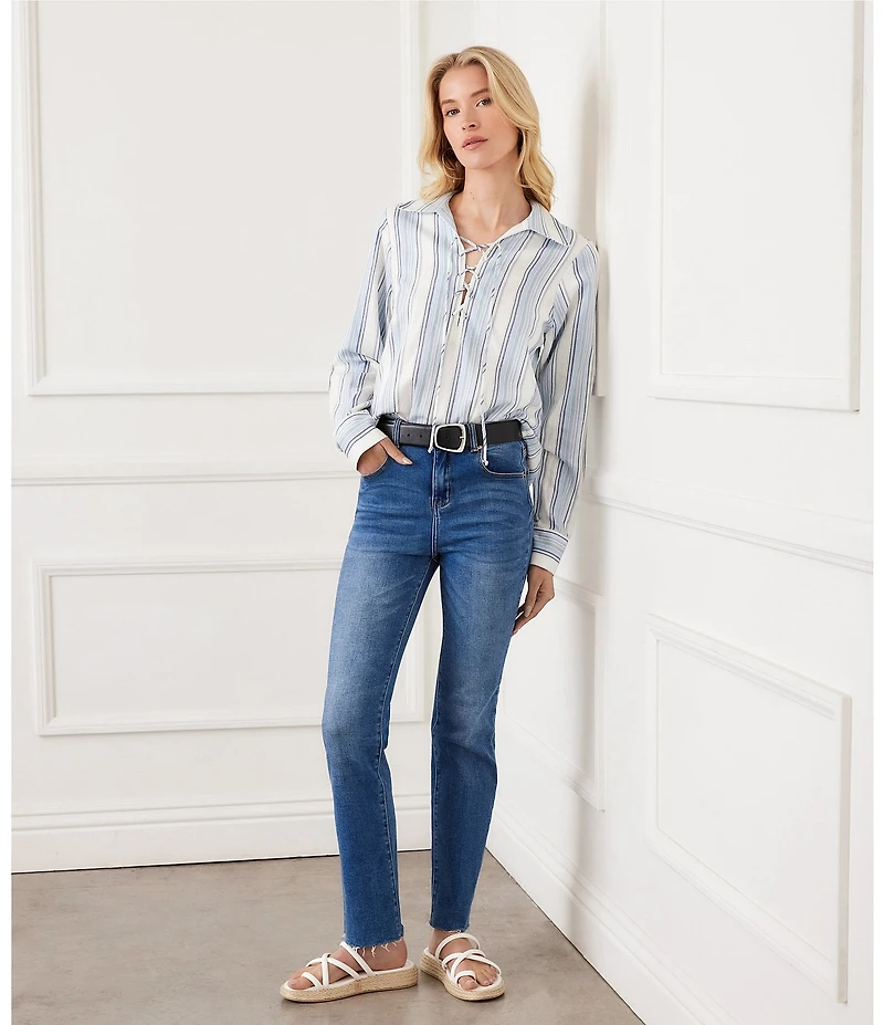 Karen Kane Petite Size Linen-Blend Striped Collared Long Sleeve Lace-Up Top