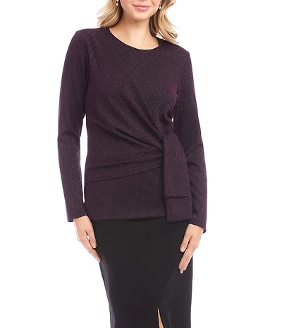 Karen Kane Petite Size Metallic Knit Scoop Neck Long Sleeve Side-Tie Knot Top