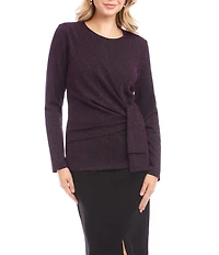 Karen Kane Petite Size Metallic Knit Scoop Neck Long Sleeve Side-Tie Knot Top