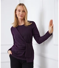 Karen Kane Petite Size Metallic Knit Scoop Neck Long Sleeve Side-Tie Knot Top