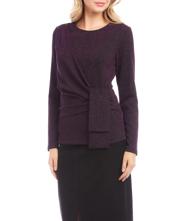 Karen Kane Petite Size Metallic Knit Scoop Neck Long Sleeve Side-Tie Knot Top