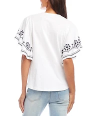 Karen Kane Petite Size Organic Cotton Embroidered Flutter Sleeve Top