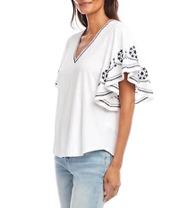Karen Kane Petite Size Organic Cotton Embroidered Flutter Sleeve Top