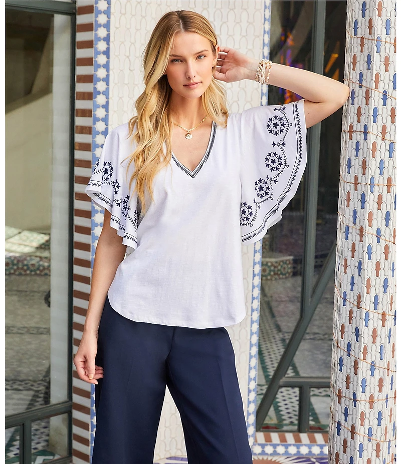 Karen Kane Petite Size Organic Cotton Embroidered Flutter Sleeve Top