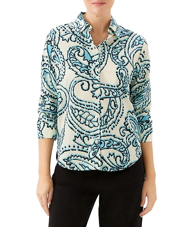 Karen Kane Petite Size Paisley Point Collar 3/4 Ruched Sleeve Button-Front Shirt