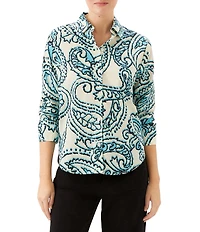 Karen Kane Petite Size Paisley Point Collar 3/4 Ruched Sleeve Button-Front Shirt