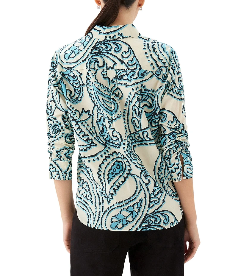 Karen Kane Petite Size Paisley Point Collar 3/4 Ruched Sleeve Button-Front Shirt