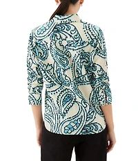 Karen Kane Petite Size Paisley Point Collar 3/4 Ruched Sleeve Button-Front Shirt