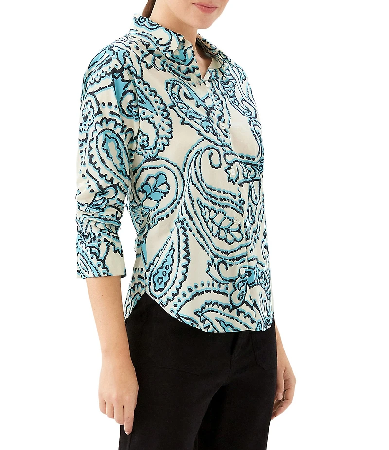 Karen Kane Petite Size Paisley Point Collar 3/4 Ruched Sleeve Button-Front Shirt