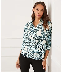 Karen Kane Petite Size Paisley Point Collar 3/4 Ruched Sleeve Button-Front Shirt
