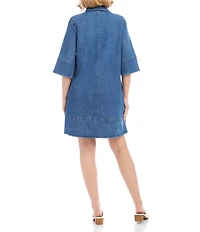 Karen Kane Petite Size Point Collar 3/4 Flare Sleeve Denim Shirtdress