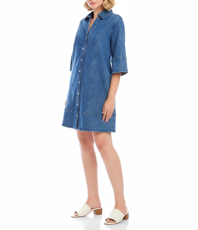Karen Kane Petite Size Point Collar 3/4 Flare Sleeve Denim Shirtdress