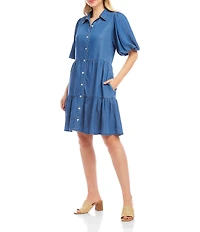 Karen Kane Petite Size Point Collar Short Puff Sleeve Tiered Button Front Shirtdress