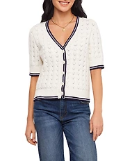 Karen Kane Petite Size Pointelle Knit Contrast Trim V-Neck Short Sleeve Button Front Cardigan