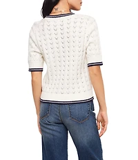 Karen Kane Petite Size Pointelle Knit Contrast Trim V-Neck Short Sleeve Button Front Cardigan