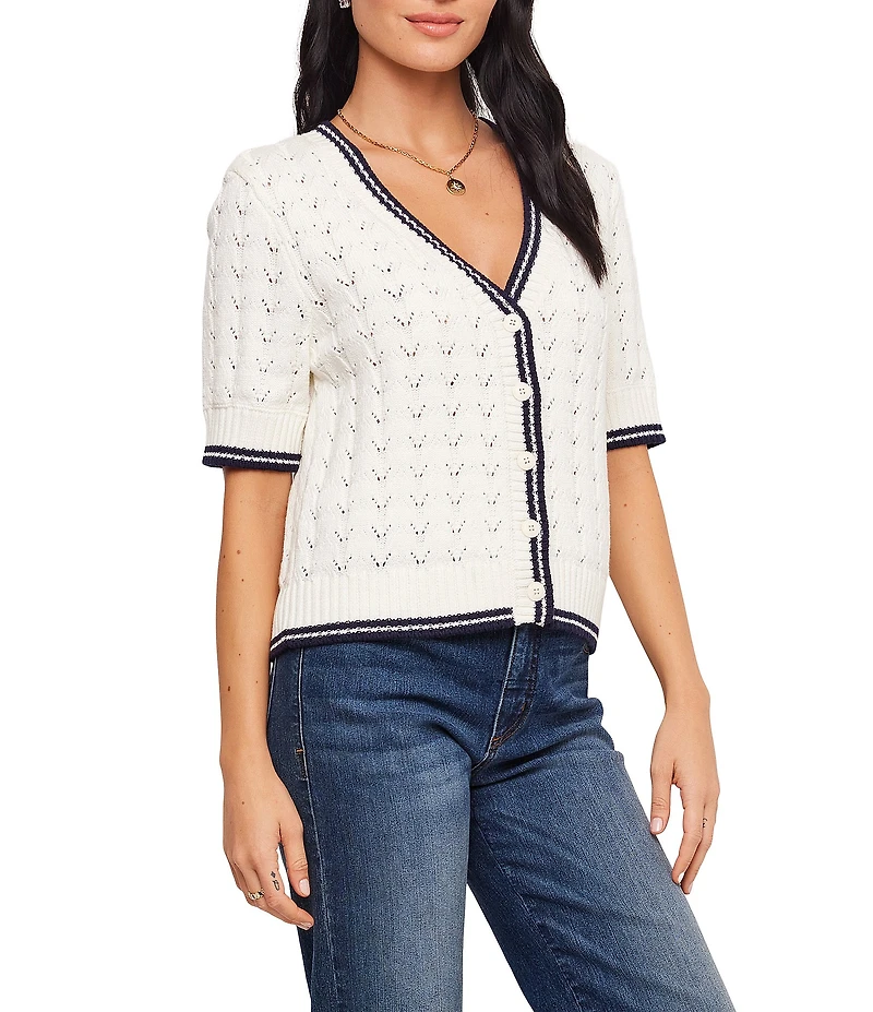Karen Kane Petite Size Pointelle Knit Contrast Trim V-Neck Short Sleeve Button Front Cardigan