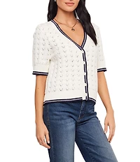Karen Kane Petite Size Pointelle Knit Contrast Trim V-Neck Short Sleeve Button Front Cardigan