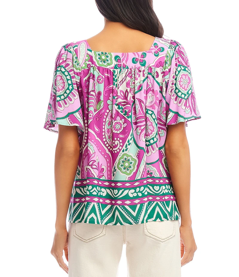 Karen Kane Petite Size Printed Square Neck Short Flare Sleeve Top