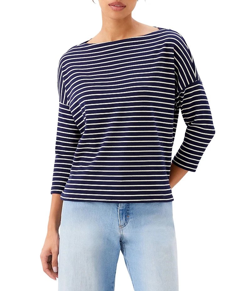 Karen Kane Petite Size Ribbed Knit Classic Stripe Boat Neck 3/4 Sleeve Top
