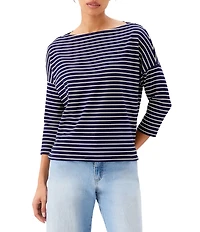 Karen Kane Petite Size Ribbed Knit Classic Stripe Boat Neck 3/4 Sleeve Top