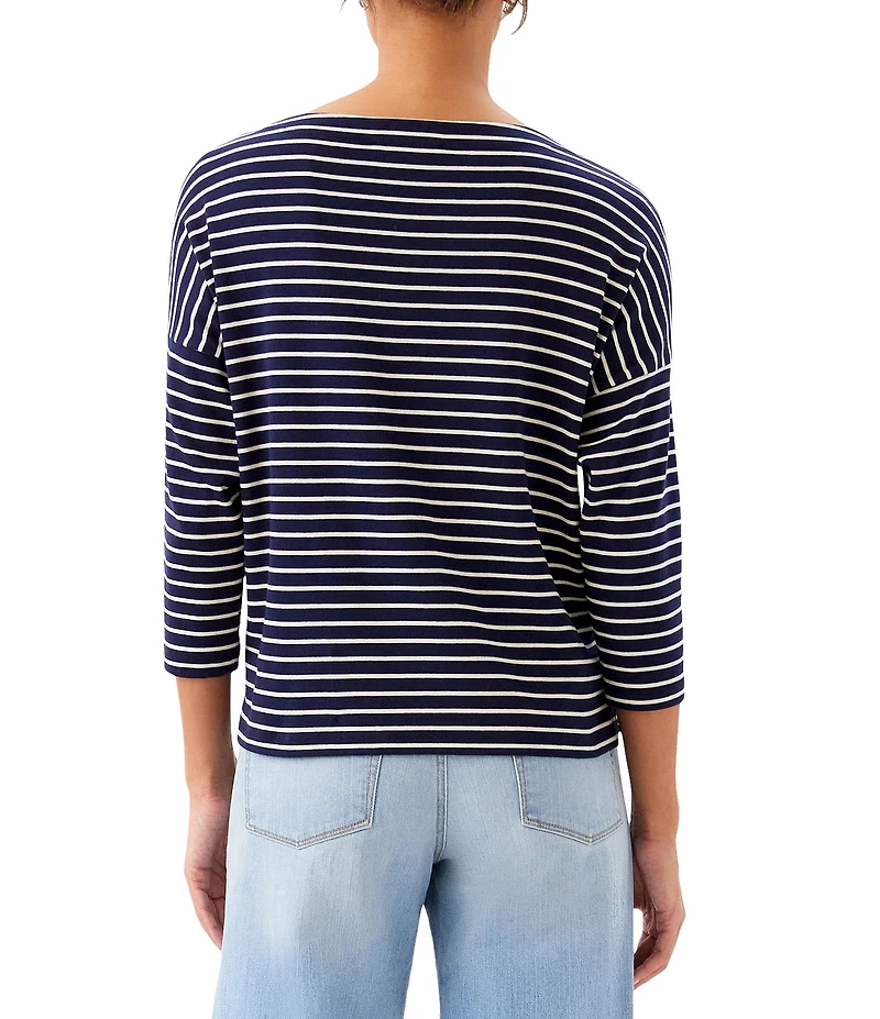 Karen Kane Petite Size Ribbed Knit Classic Stripe Boat Neck 3/4 Sleeve Top