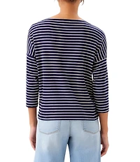 Karen Kane Petite Size Ribbed Knit Classic Stripe Boat Neck 3/4 Sleeve Top