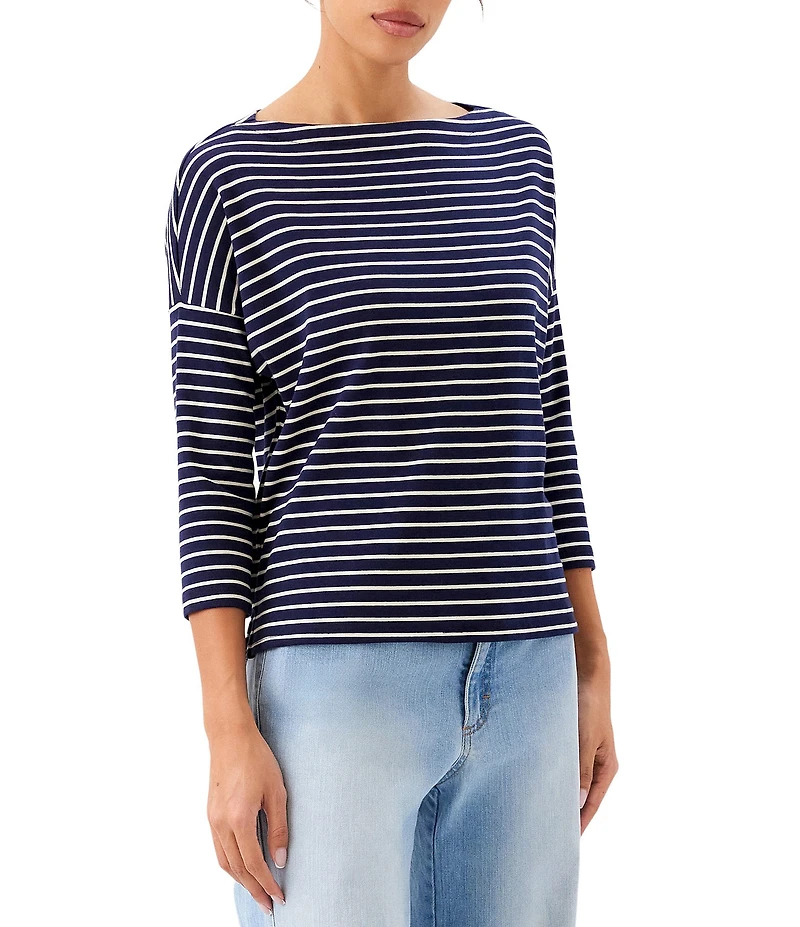 Karen Kane Petite Size Ribbed Knit Classic Stripe Boat Neck 3/4 Sleeve Top