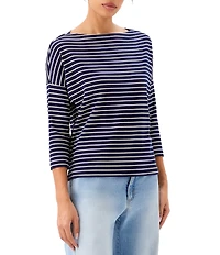 Karen Kane Petite Size Ribbed Knit Classic Stripe Boat Neck 3/4 Sleeve Top