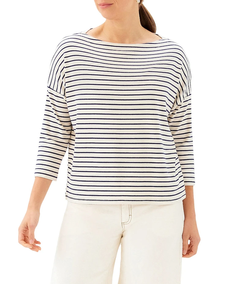 Karen Kane Petite Size Ribbed Knit Classic Stripe Boat Neck 3/4 Sleeve Top