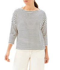 Karen Kane Petite Size Ribbed Knit Classic Stripe Boat Neck 3/4 Sleeve Top