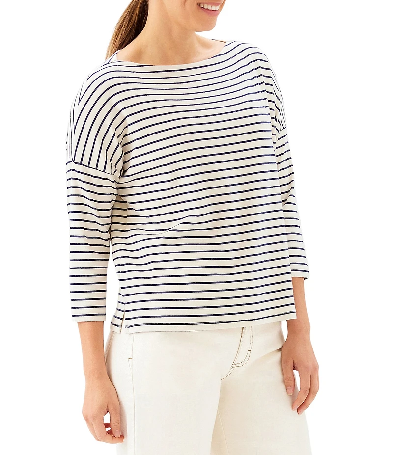 Karen Kane Petite Size Ribbed Knit Classic Stripe Boat Neck 3/4 Sleeve Top