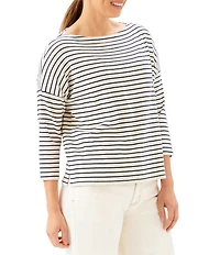Karen Kane Petite Size Ribbed Knit Classic Stripe Boat Neck 3/4 Sleeve Top