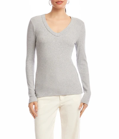 Karen Kane Petite Size Ribbed V-Neck Long Sleeve Fitted Top
