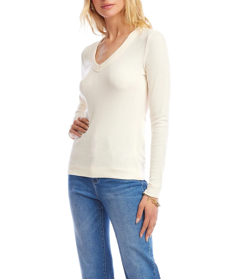 Karen Kane Petite Size Ribbed V-Neck Long Sleeve Fitted Top