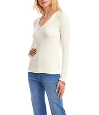 Karen Kane Petite Size Ribbed V-Neck Long Sleeve Fitted Top