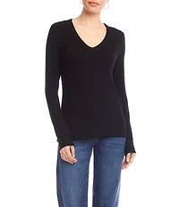 Karen Kane Petite Size Ribbed V-Neck Long Sleeve Fitted Top