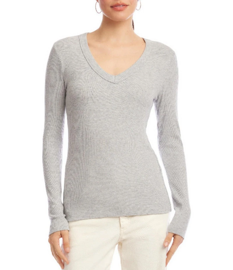 Karen Kane Petite Size Ribbed V-Neck Long Sleeve Fitted Top