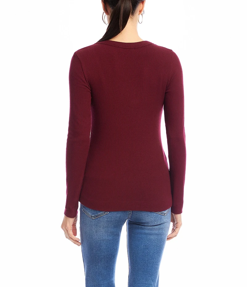 Karen Kane Petite Size Ribbed V-Neck Long Sleeve Fitted Top