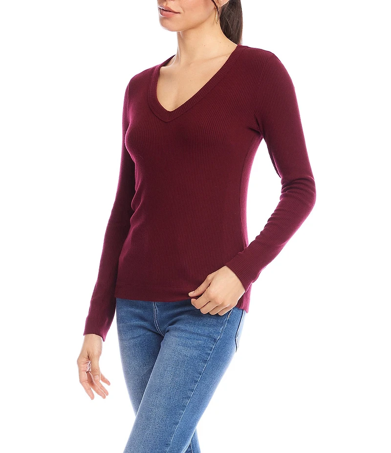 Karen Kane Petite Size Ribbed V-Neck Long Sleeve Fitted Top