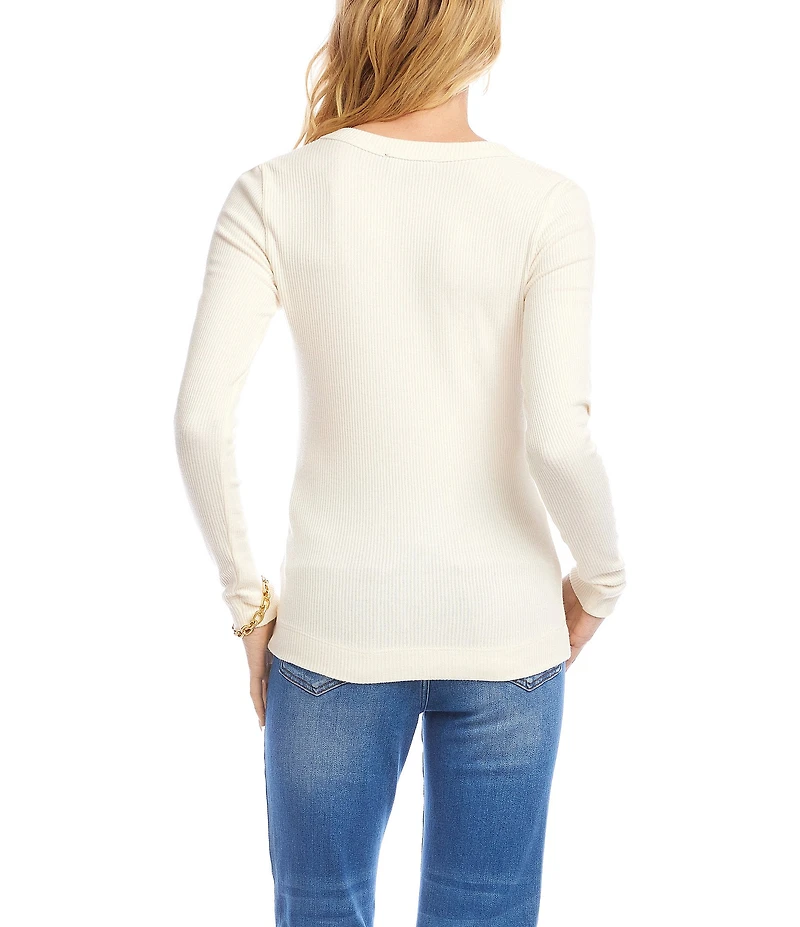 Karen Kane Petite Size Ribbed V-Neck Long Sleeve Fitted Top