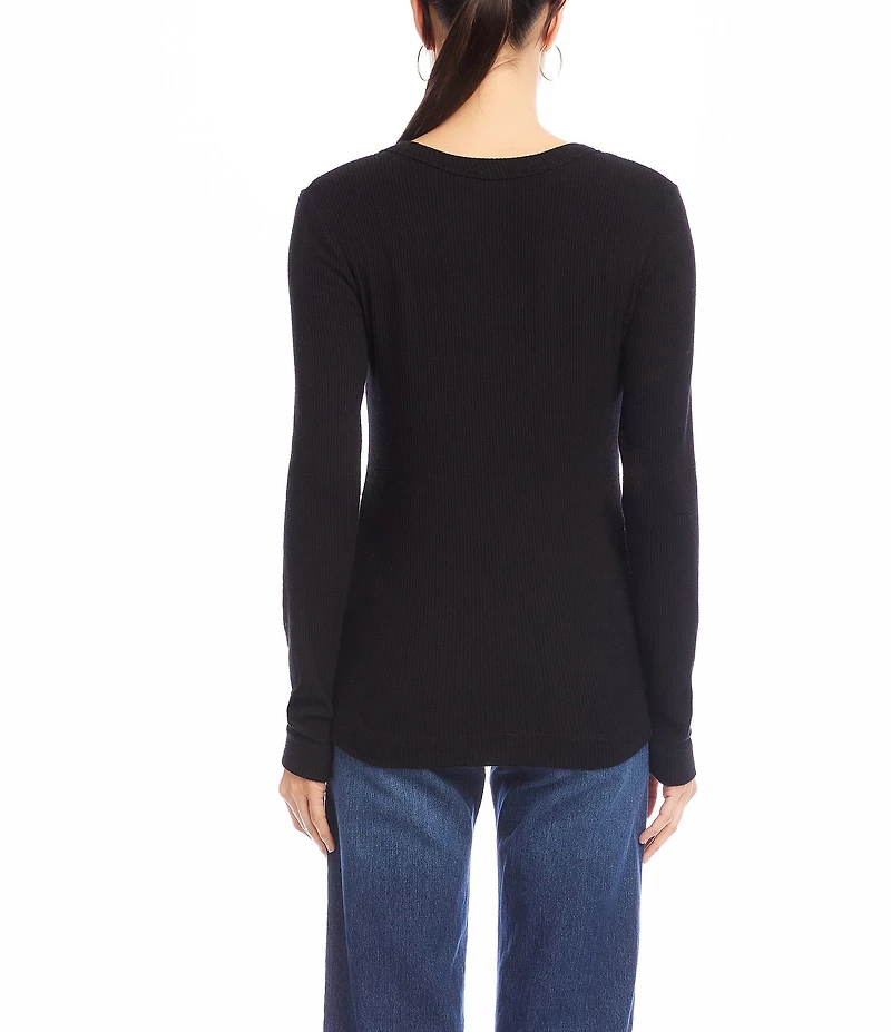 Karen Kane Petite Size Ribbed V-Neck Long Sleeve Fitted Top